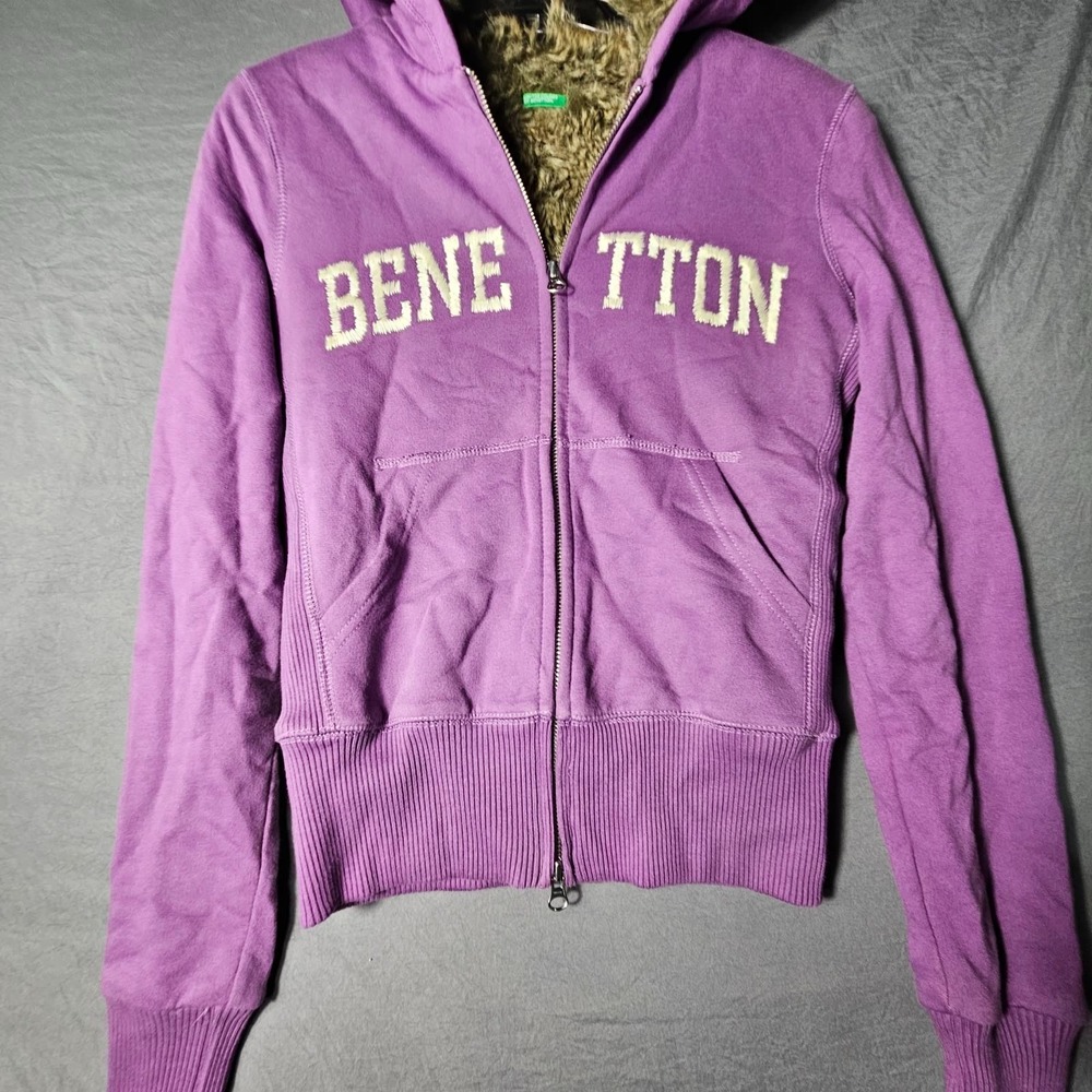 United Colors of Benetton Womens Purple Faux Fur Lined Zip Hoodie XS Spell Out